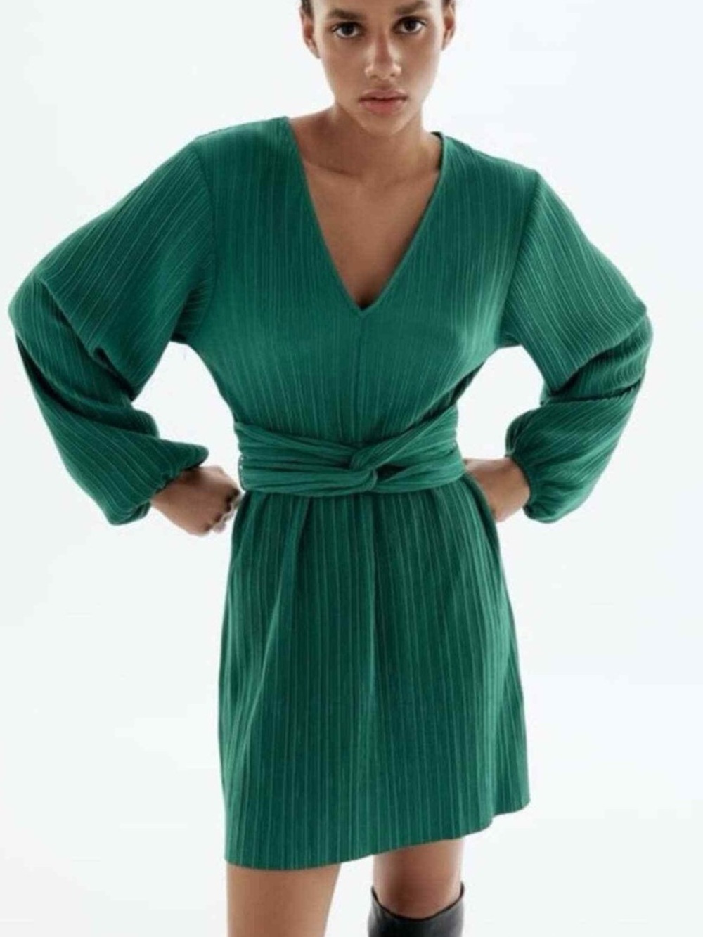 Zara Pleated Knotted Mini Dress Teal Green Long Sleeve Size M
